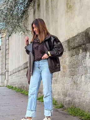Jaqueta de Couro com Gola Alta - Alexia