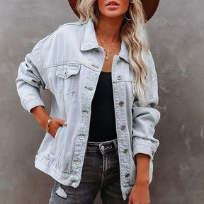 Jaqueta Jeans Feminina Solta Com Manga Para o Inverno