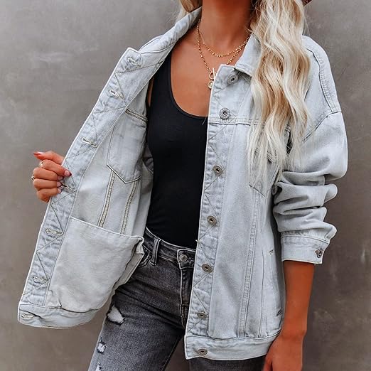 Jaqueta Jeans Feminina Solta Com Manga Para o Inverno