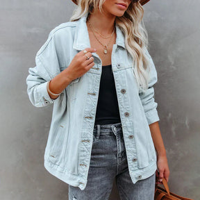 Jaqueta Jeans Feminina Solta Com Manga Para o Inverno