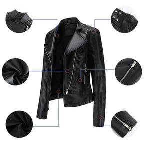 Jaqueta Feminina Slim Estilo Biker com Gola Dobrável e Detalhes Retrô - (Promoção de Inverno 2025)