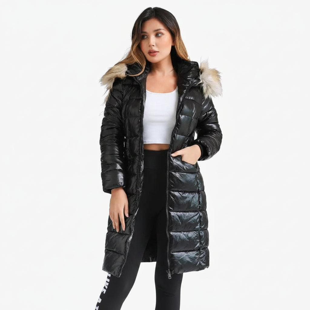 Casaco Feminino Sobretudo Puffer Brilhante